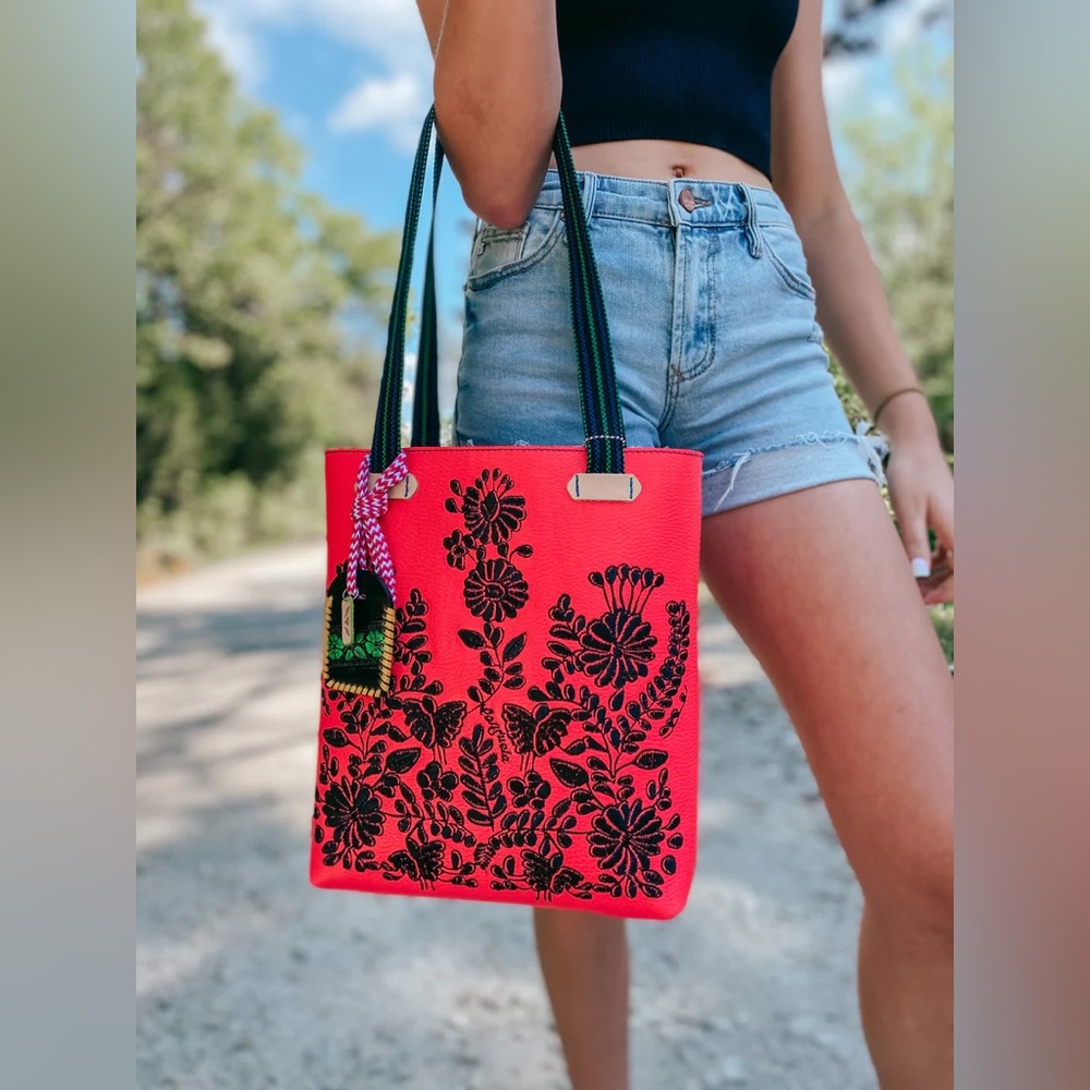 Stylish Hot Pink Floral Tote Bag with Black Embroidery